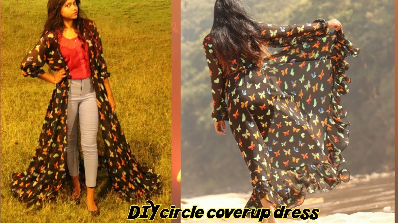 how to make long shrug with ruffles | long jacket for jeans from saree/ beach outfit