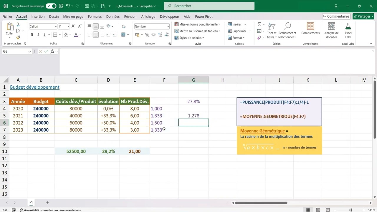 Excel - Moyenne Géométrique, Harmonique : Calculer la moyenne de taux d’évolution ou de rendements..
