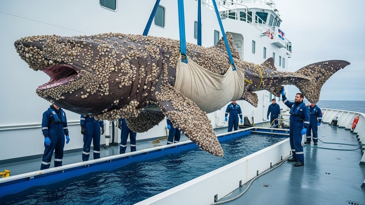 Спасение гигантской гигантской акулы в море | Судно береговой охраны спасло покрытую ракушками ак...