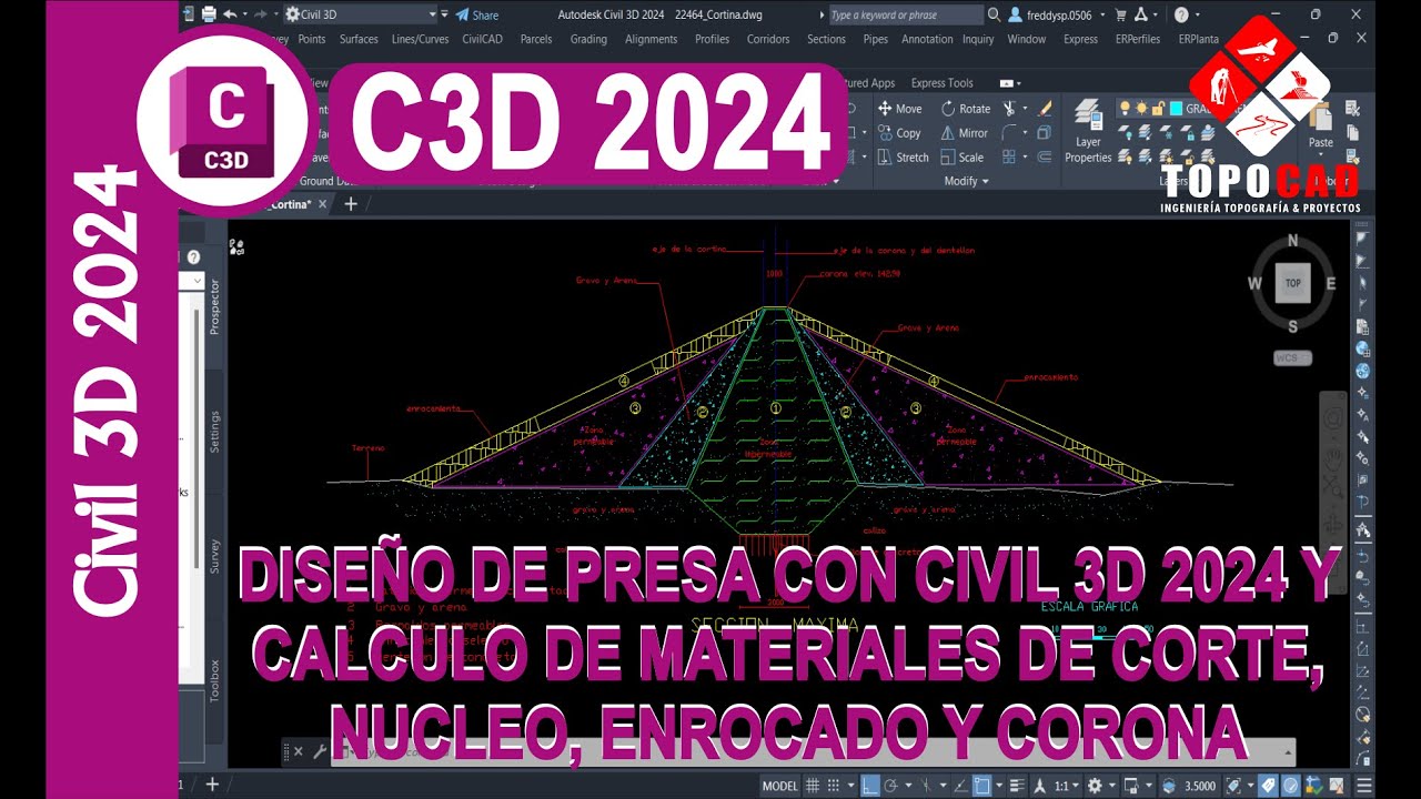 DISEÑO DE PRESA CON CIVIL 3D 2024 Y CALCULO DE MATERIALES CORTE NUCLEO ENROCADO Y CORONA