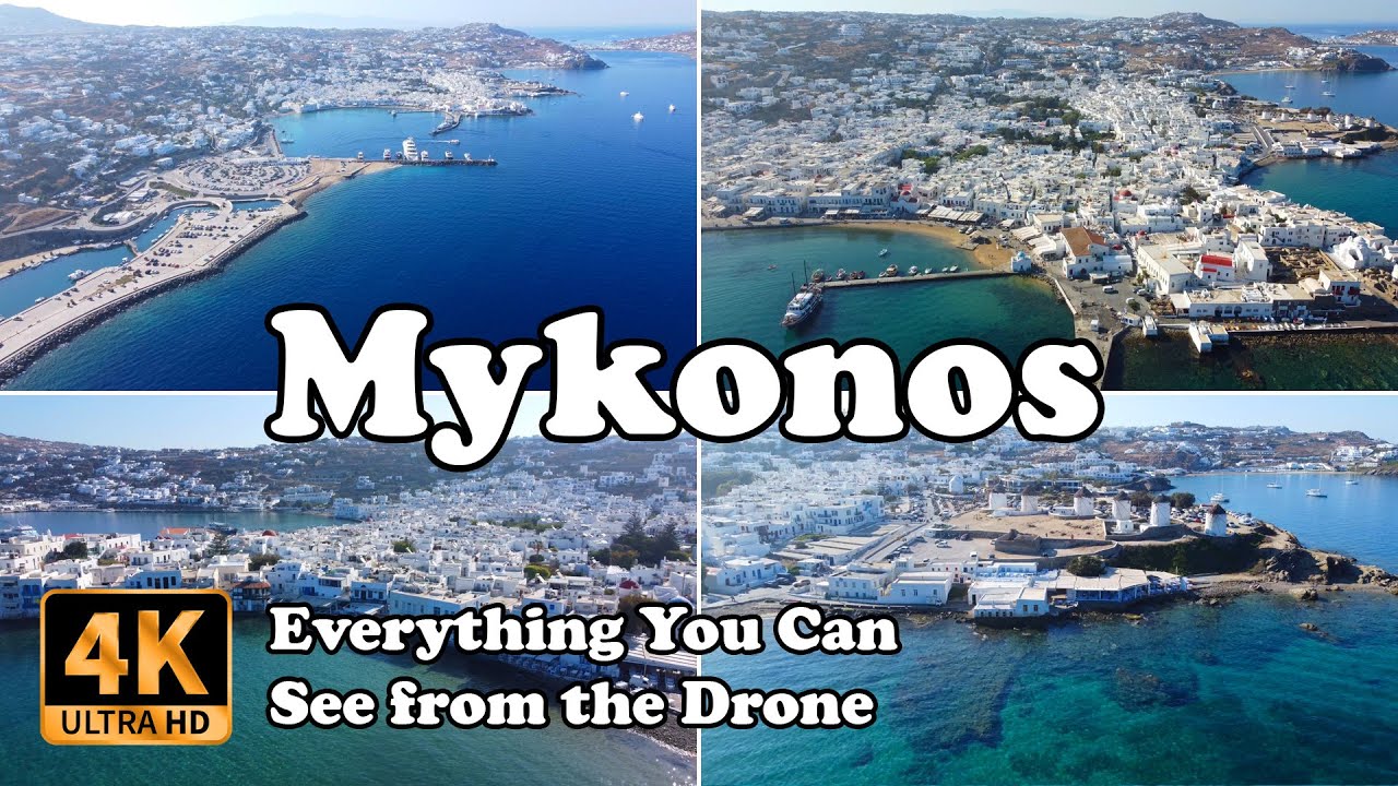 Mykonos Greece Town Chora Μύκονος from Drone footage view in 4K