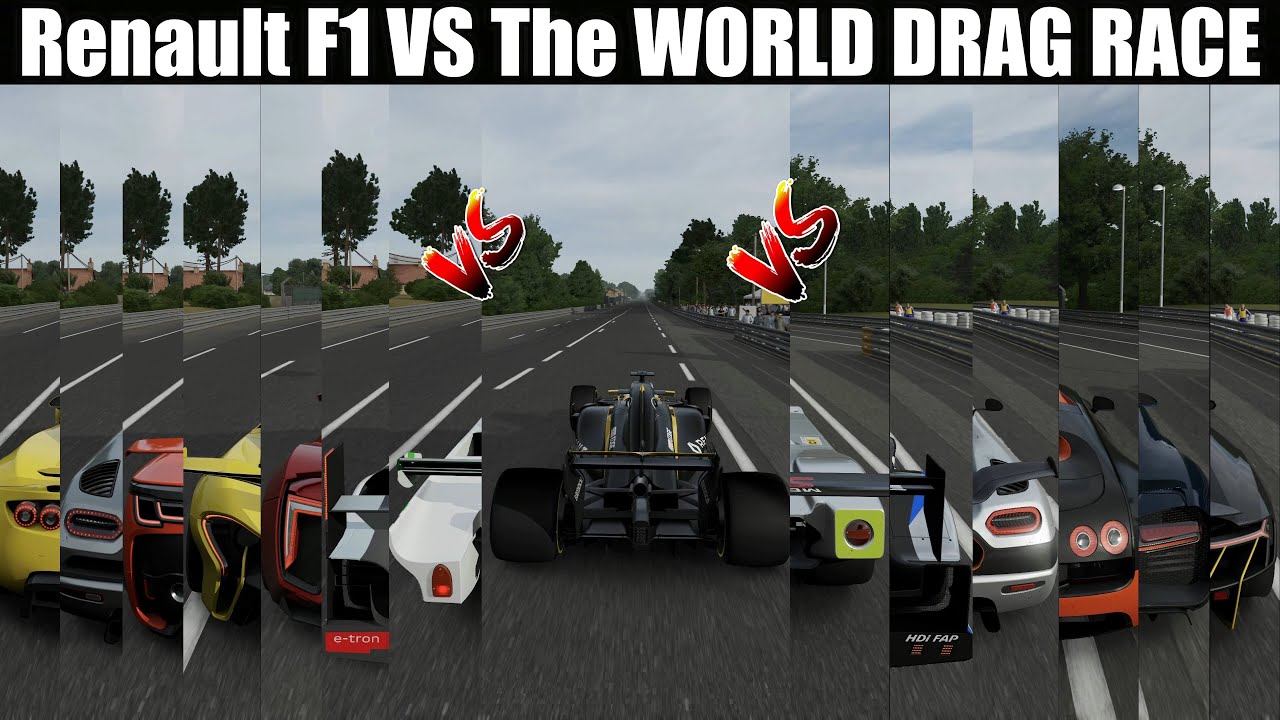 RENAULT F1 VS SUPER CARS HYPER CARS & INDYCARS - DRAG RACES - F1 VS THE WORLD -