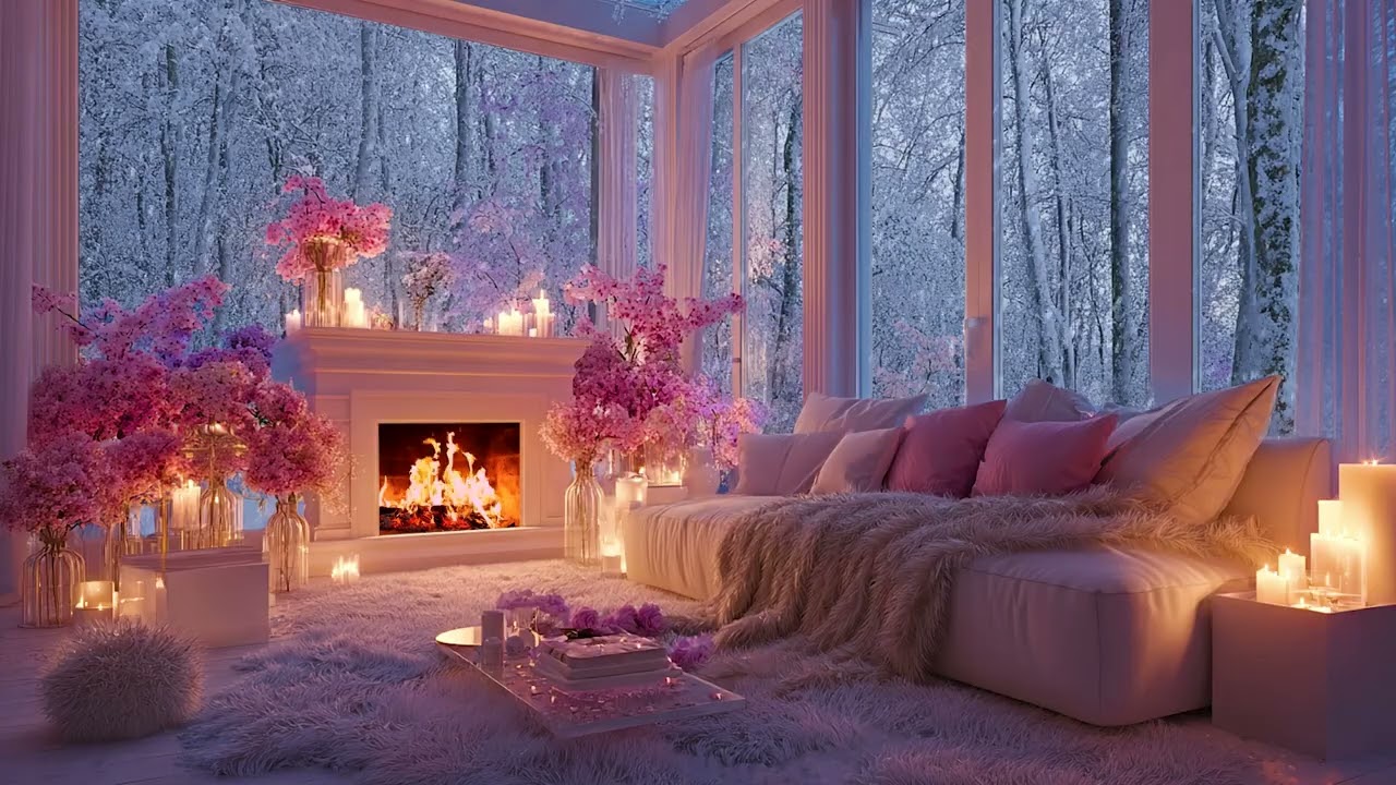 A Cozy Winter Living Room with Snowfall Outside, Fireplace Glow, Candles & Romantic Vibes