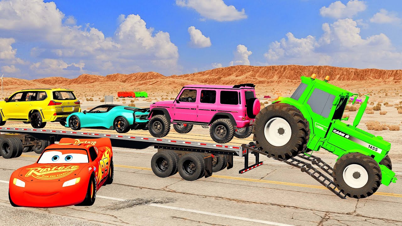 Flatbed Truck Mcqueen | Transportation with Truck - Pothole vs Car #12 - BeamNG.Drive