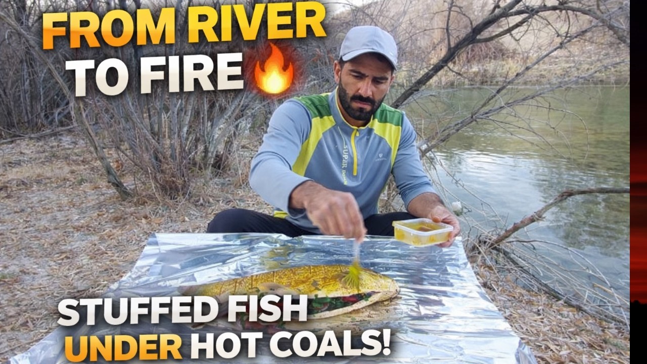 om River to Fire 🔥 Whole Stuffed Fish Cooked Under Hot Coals!