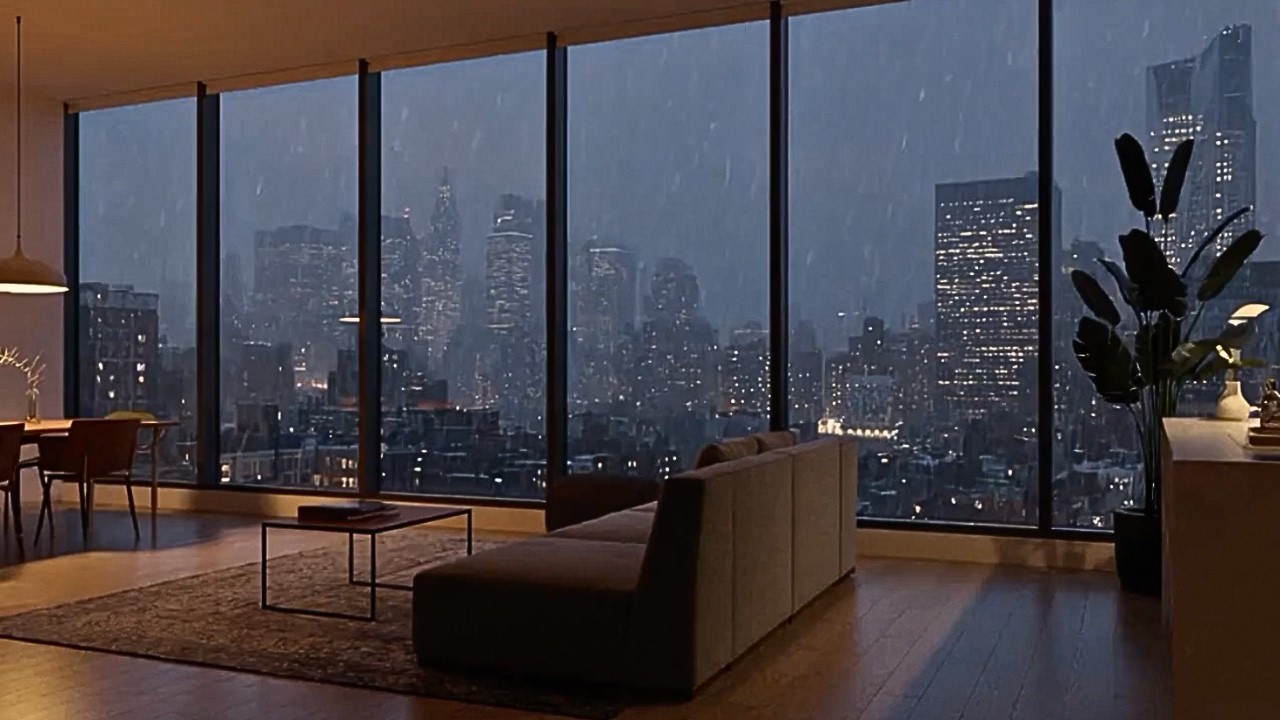 Gentle Rain in a Glass-Wall City Loft at Night | Night Ambience for Sleep