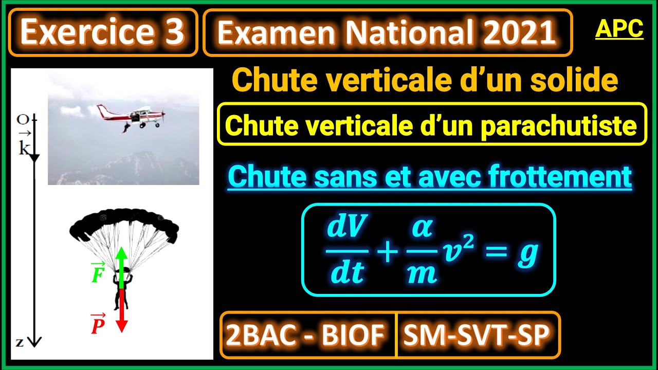 Exercice 3: Chute verticale d'un parachutiste (Extrait de l'examen national 2021) || (2BAC BIOF)