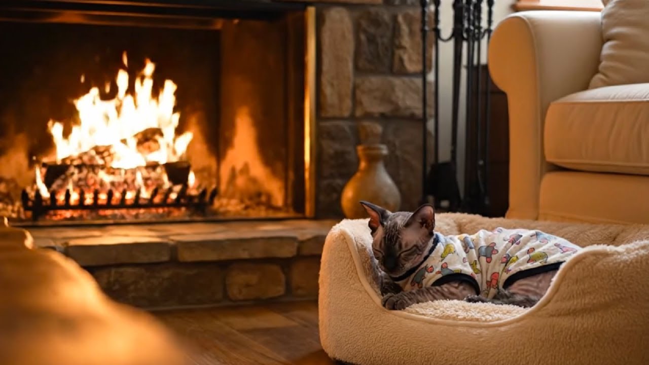 Cozy Fireplace Sounds for Cats 🐱 Gentle Piano in the Background