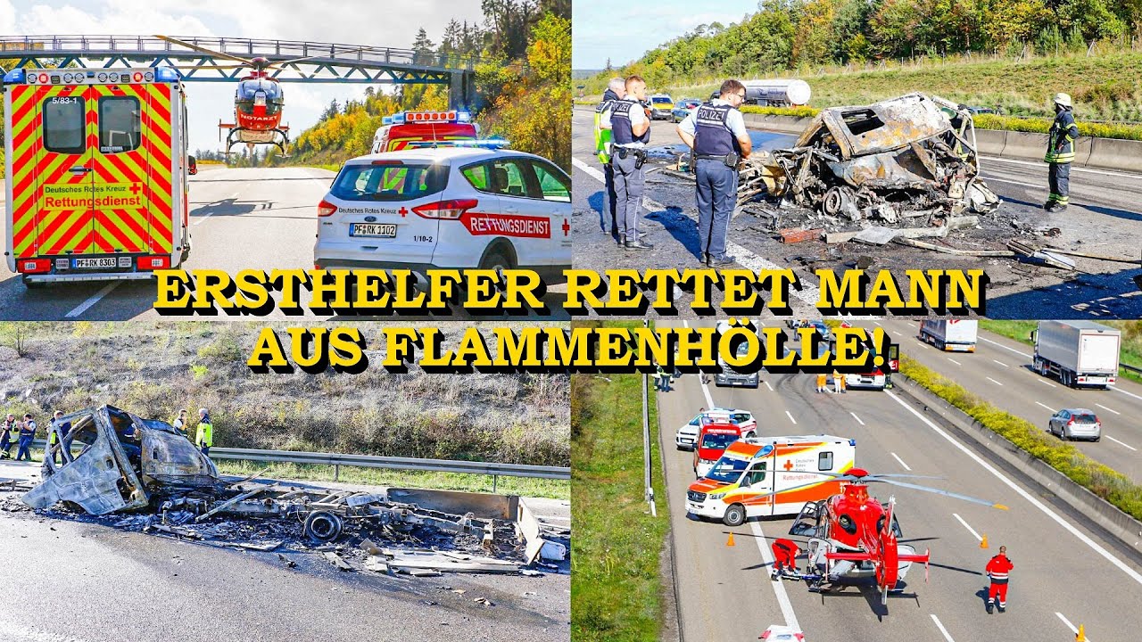 [ERSTHELFER RETTET MANN AUS FLAMMENHÖLLE] - Transporter nach Crash in Vollbrand - | FEUERWEHR | A8
