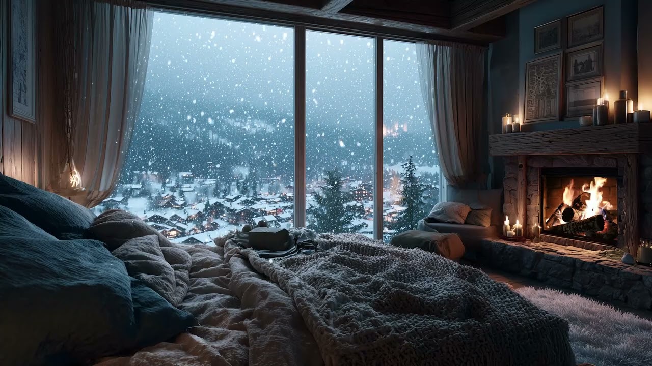Cozy Fireplace & Soft Snowfall ❄️ Peaceful Winter Night for Deep Sleep