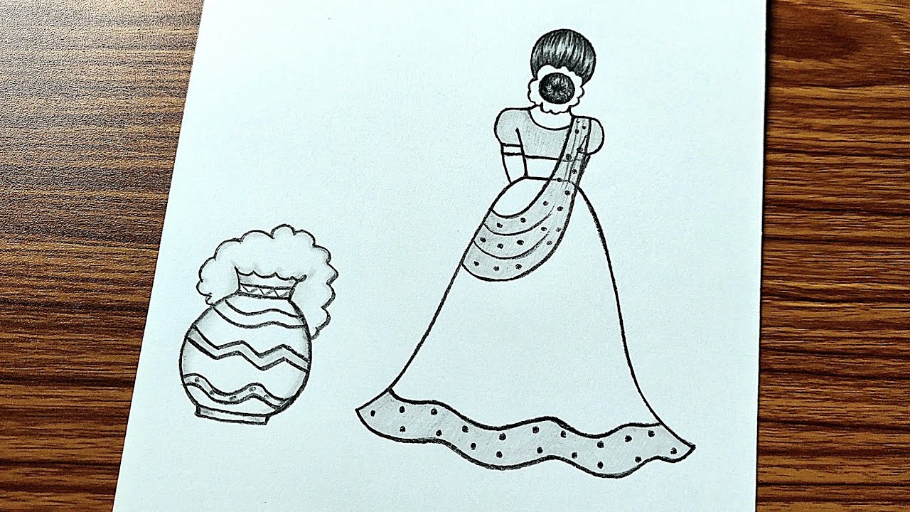 Easy traditional girl drawing // pongal drawing new // easy traditional girl drawing