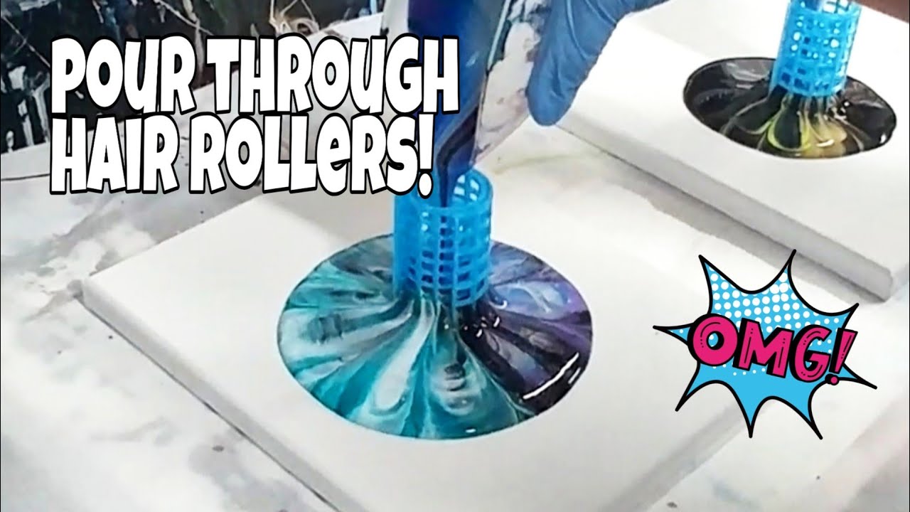 Fluid art fun!!! Acrylic pour through HAIR ROLLERS??? Fluid painting with my daughter ❤❤❤