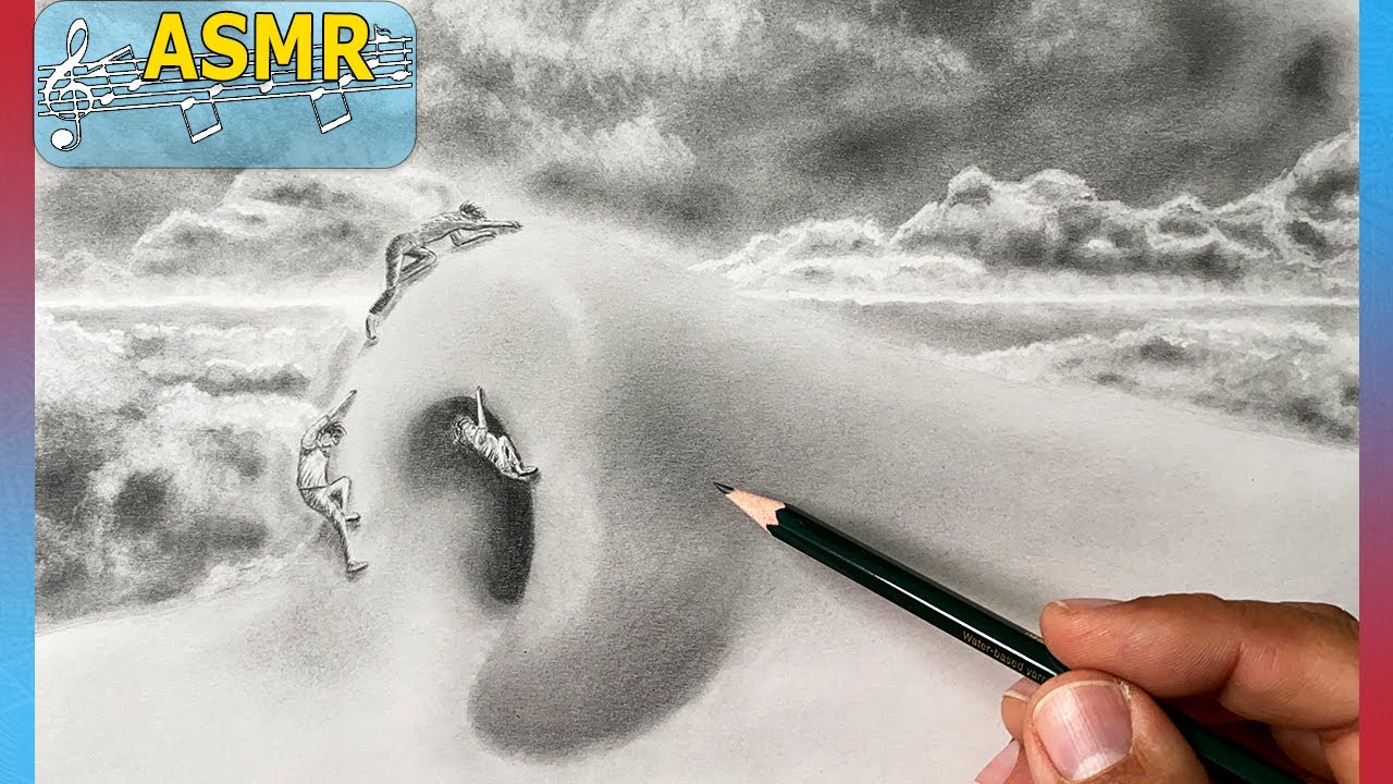 Berg Nase zeichnen, samt Bergsteiger in den Wolken mit Bleistiften gezeichnet