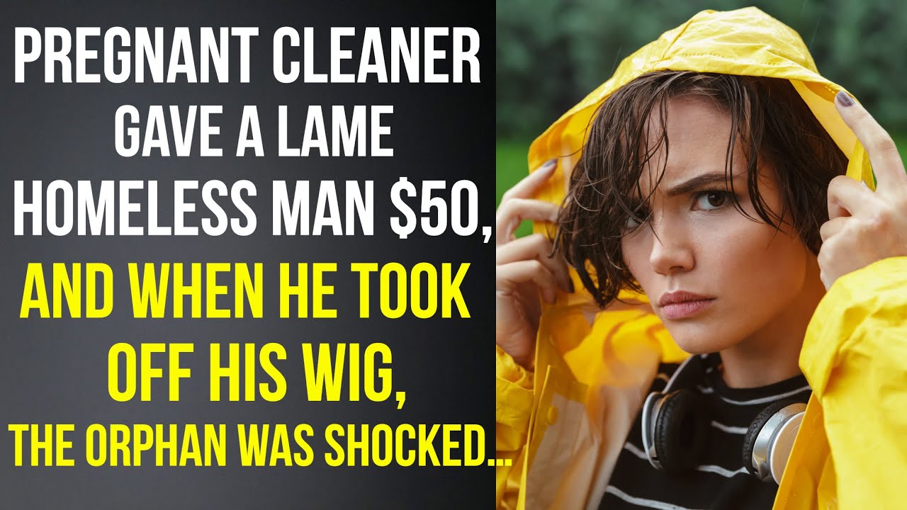 Pregnant cleaner gave a lame homeless man $50, and when he took off his wig, the orphan was shocked…