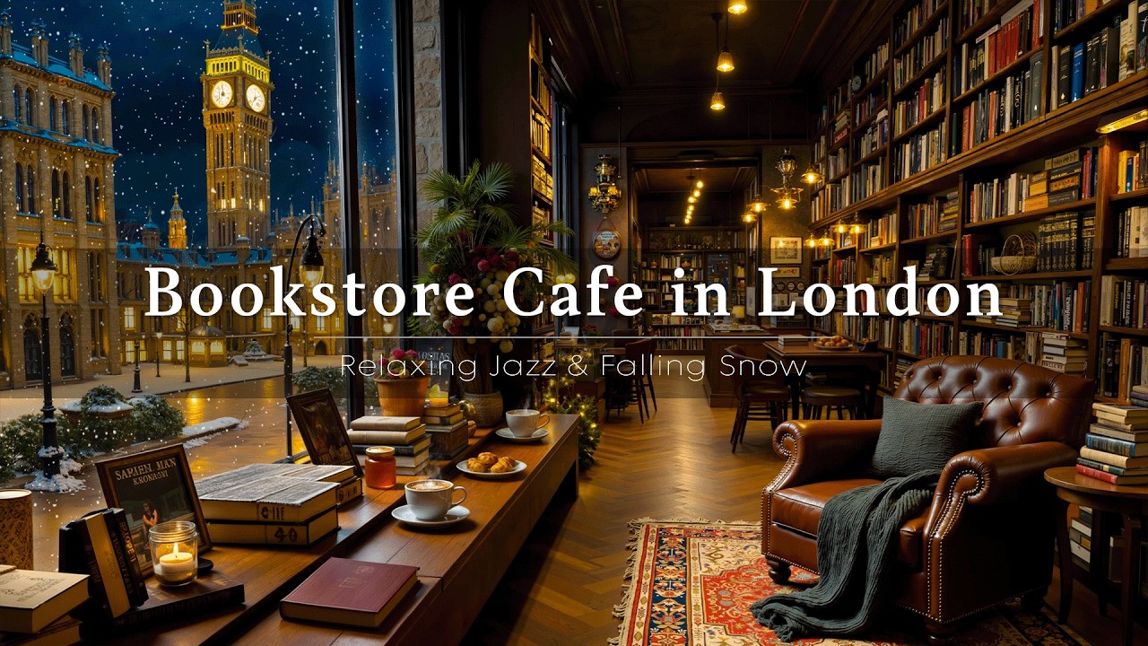 London Bookstore Cafe Ambience with Cozy Winter Jazz ☕ Relaxing Jazz Piano & Snow Falling for Study