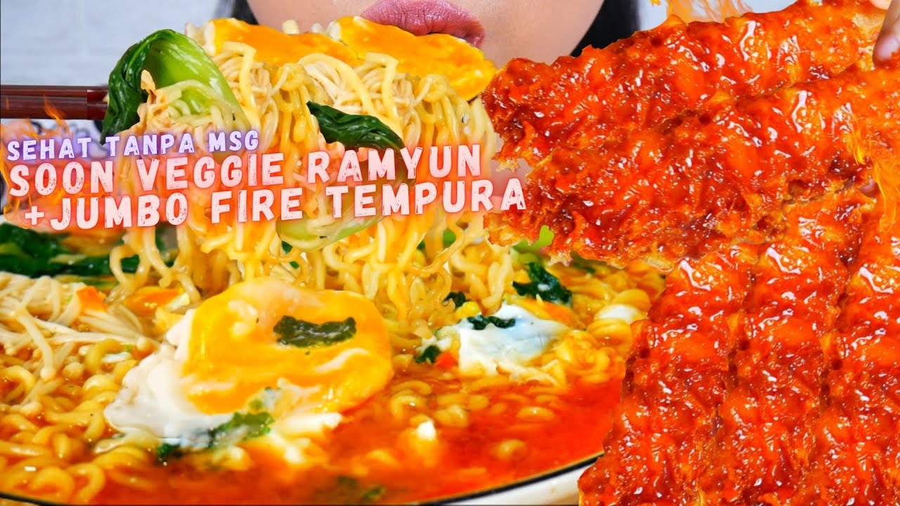 ASMR SOON VEGGIE RAMYUN🥕🥬 + TEMPURA JUMBO FIRE SAUCE🍤🔥 | ASMR INDONESIA