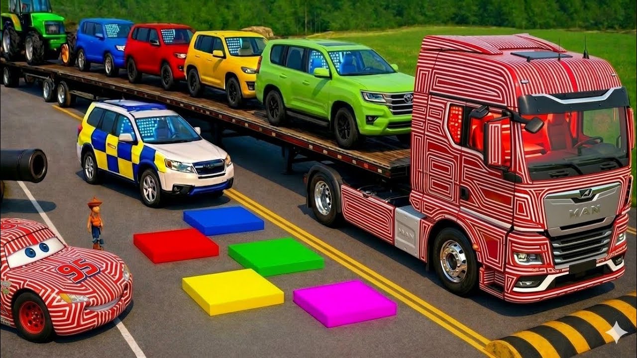 Flatbed Trailer Mcqueen Transportation with Truck | Cars vs Speedbumps vs Train | BeamNG.Drive #14