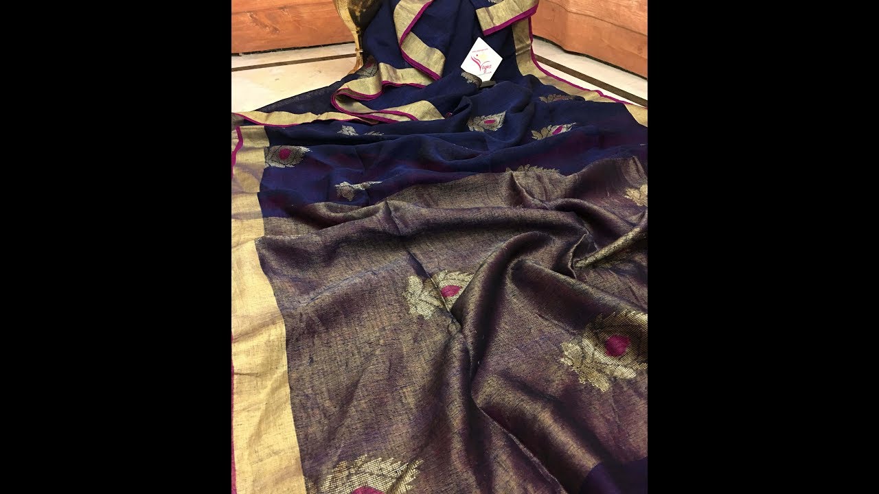 Deep Black Linen Saree with Zari Buta Work