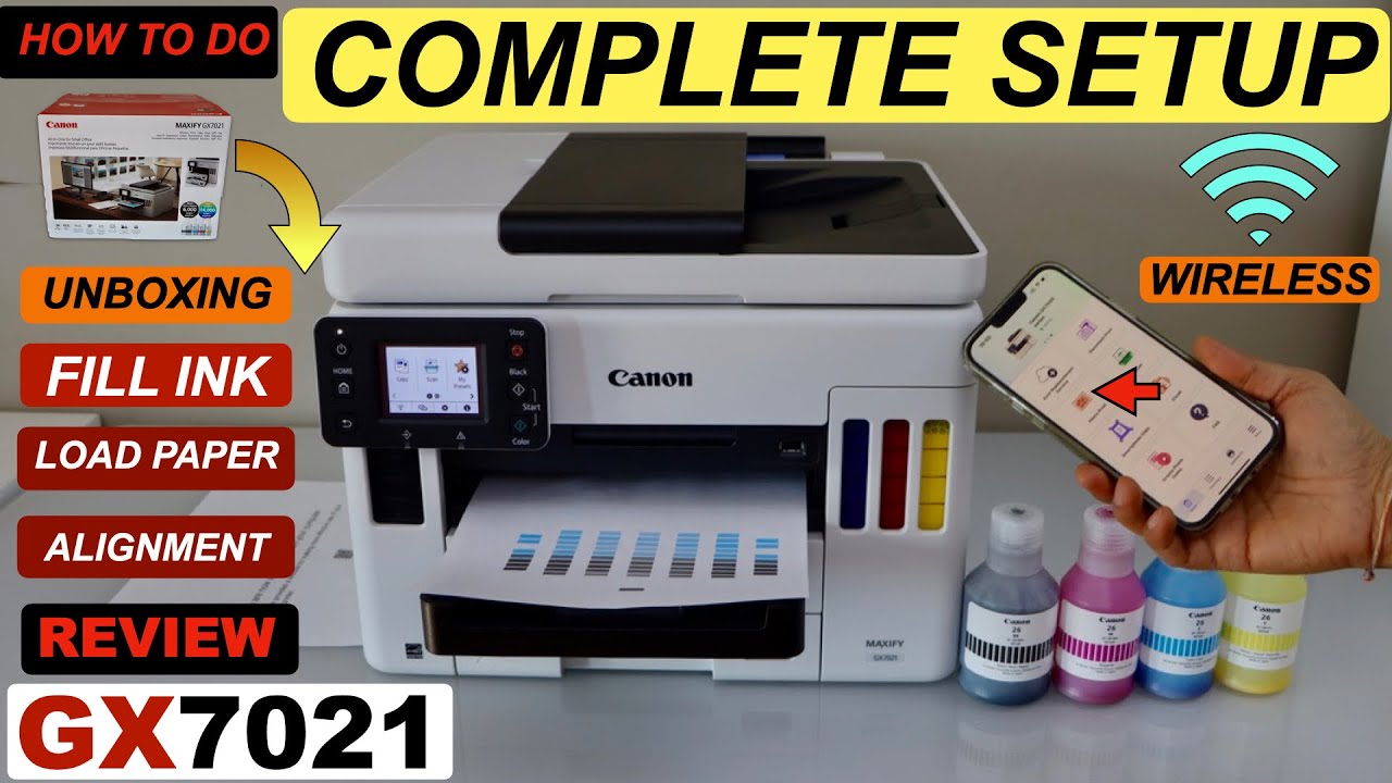 Canon Maxify GX7021 Setup, Fill Ink Tank, Wireless Setup, SmartPhone, Alignment, Print, Scan, Review