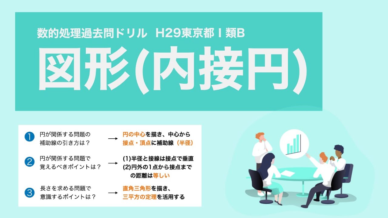 【数的処理】内接円の補助線の引き方は「中心から頂点・接点」そして「直角三角形」を考える【東京都】