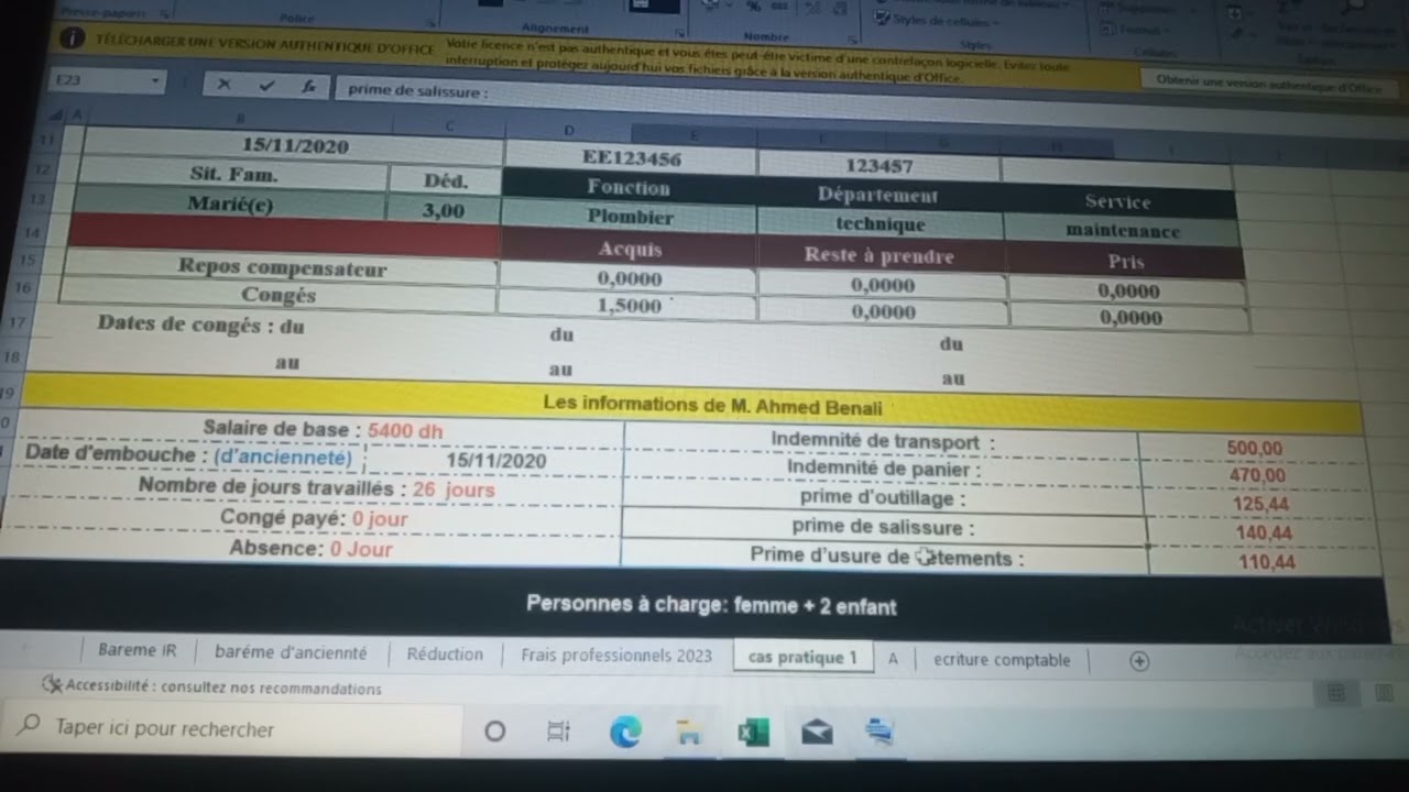 Formation sage paie et RH : section 2 /préparation le bulletin de paie n°2 sur excel 