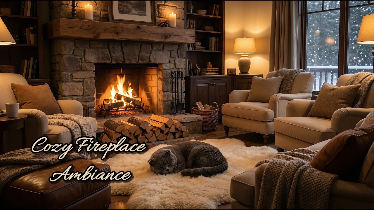 Warm Fireplace Ambience 🔥 Sleeping Cat & Piano | Cozy Winter Scene in 4K