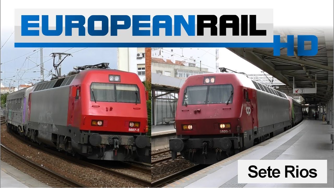 Comboios de Portugal 5600 loco + 4 Sorefame arrives & 5609 + 5 Sorefame calls at Sete Rios
