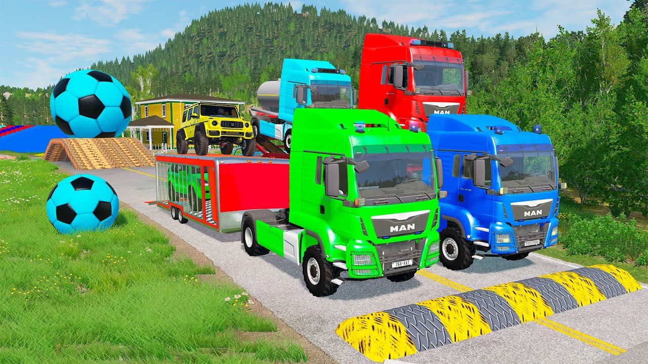 Double Flatbed Trailer Truck vs Speedbumps Train vs Cars | Tractor vs Train Beamng.Drive 076
