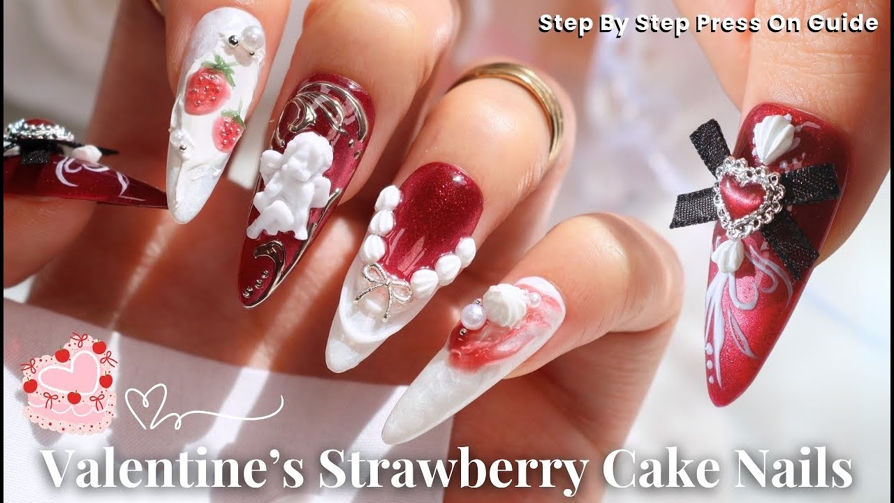 Valentine's Day Strawberry Cake Nail Tutorial 🎀🍰🍓 Flower Knows Inspired #koreannails #valentinenails