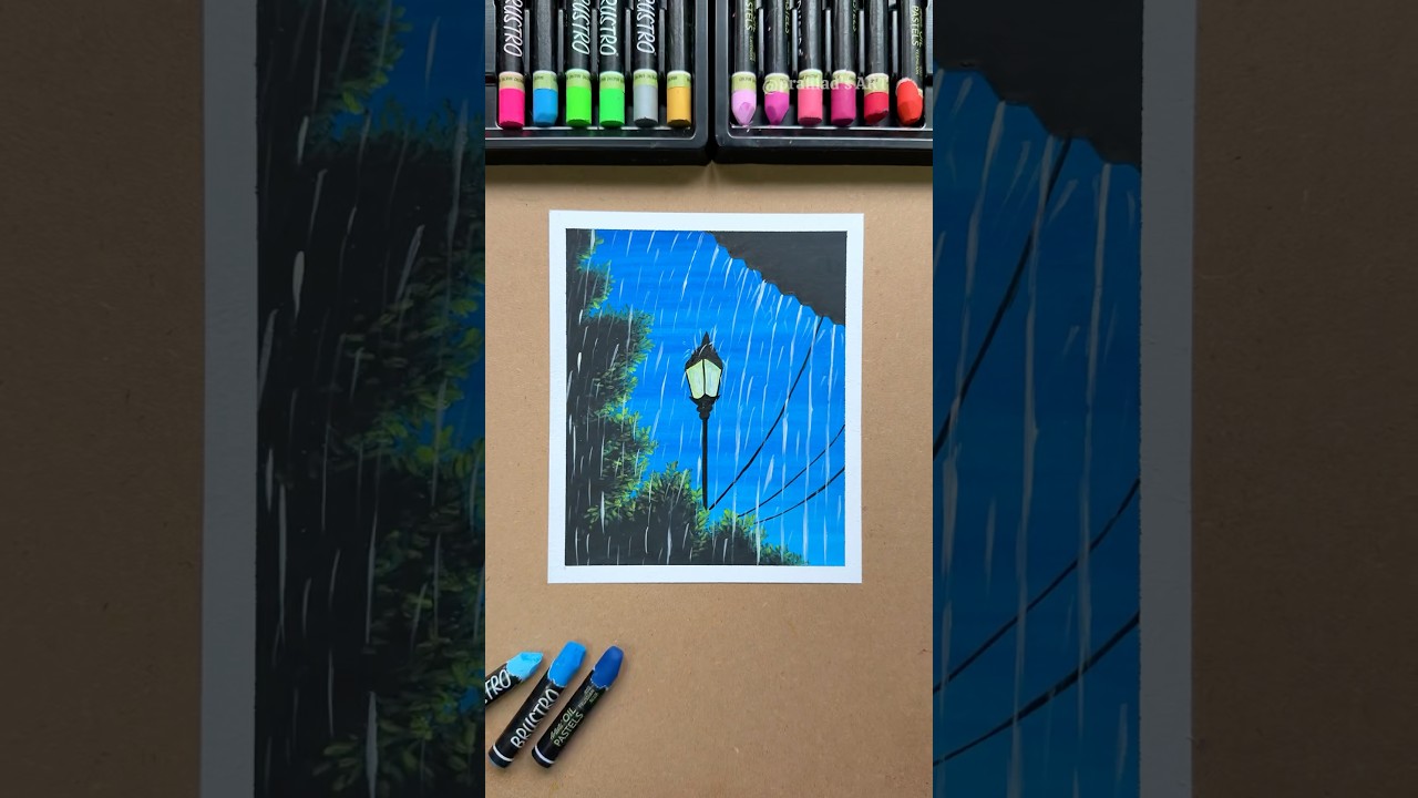 Rainy Night Street Lamp Drawing with Oil Pastels 🌧️ | Easy Landscape Art