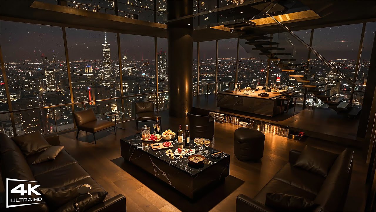 [4K] Sweetie Night Jazz Penthouse in New York 🌃 Luxury Lounge with Wine, City Lights & Smooth Piano