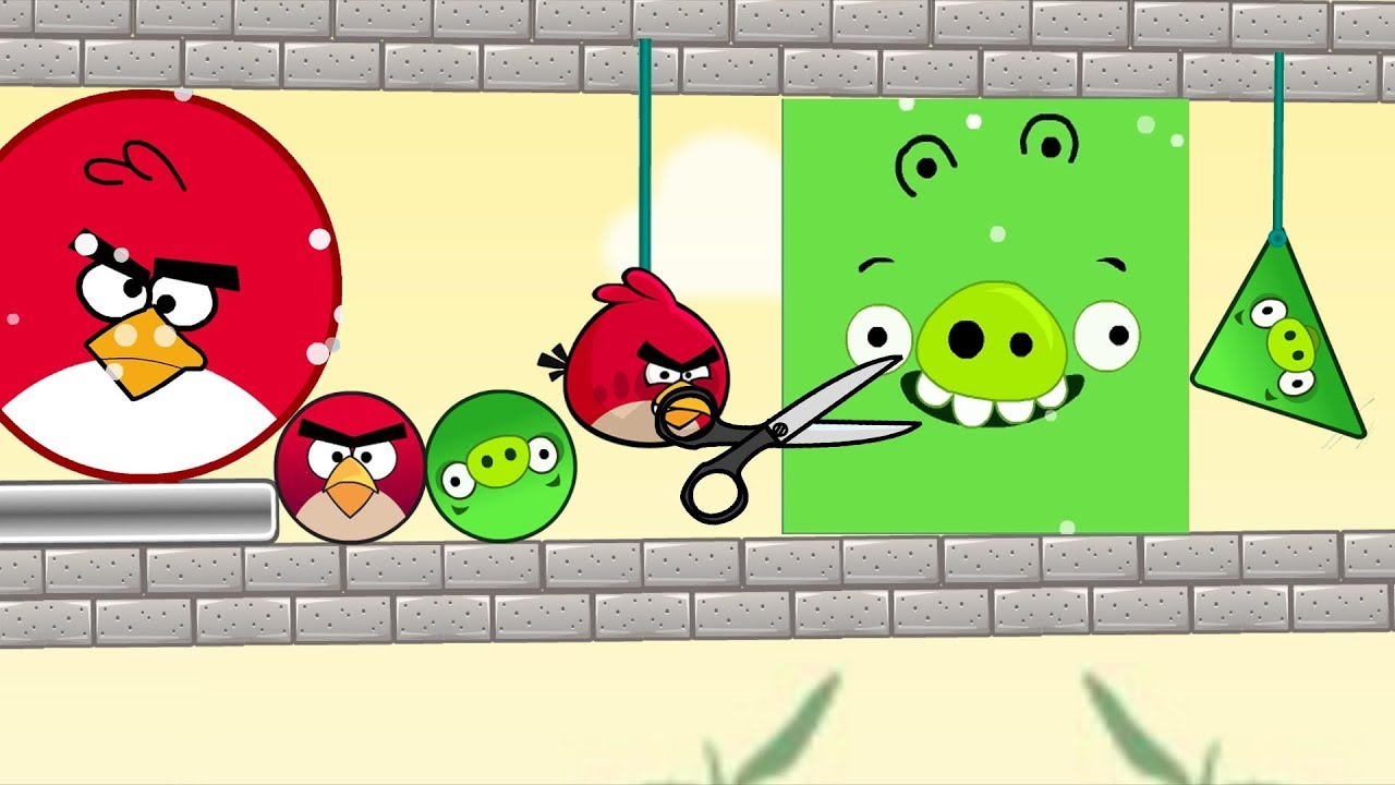 Angry Birds Pigs Out vs Kick Out Green Pigs - ROUND BIRD CUT ROPE TO KICK SQUARE AND TRIANGLE PIGS!