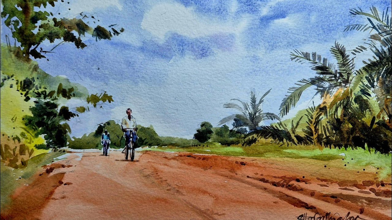 Village road watercolor painting | easy bicycle scenery | CSA Fine Art