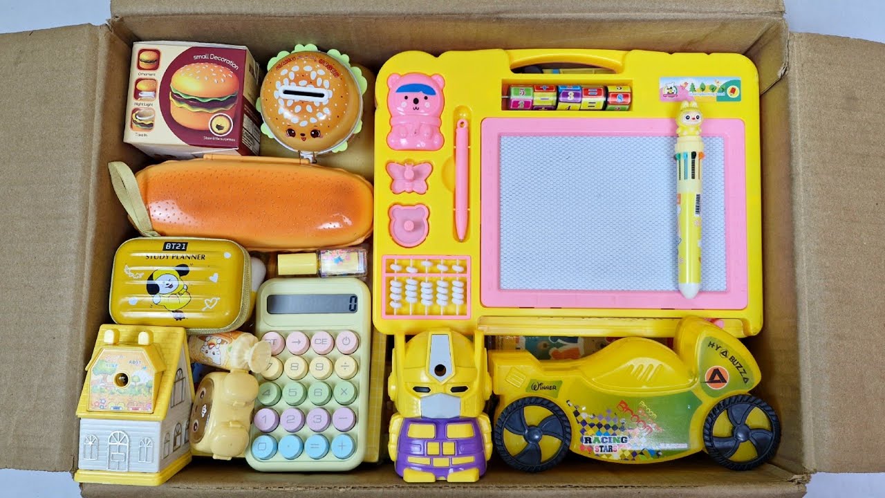 Latest YELLOW STATIONERY COLLECTION💛Geometry, Table Lamp, Piggybank, Diary, Board, Bottle, Sharpener