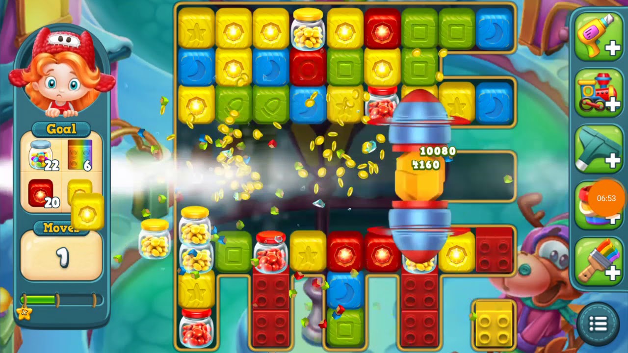 Препятствия уровня 579 Toy Blast: 51 стеклянная банка, 17 цветных блоков и 34 красно-желтых блока...