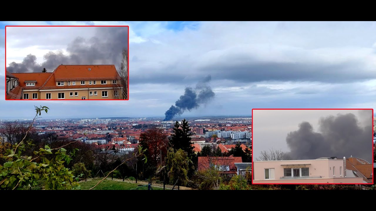 Großbrand in Erfurt 26.11.2021 dicke  Rauchschwaden über Erfurt Vollbrand einer Lagerhalle