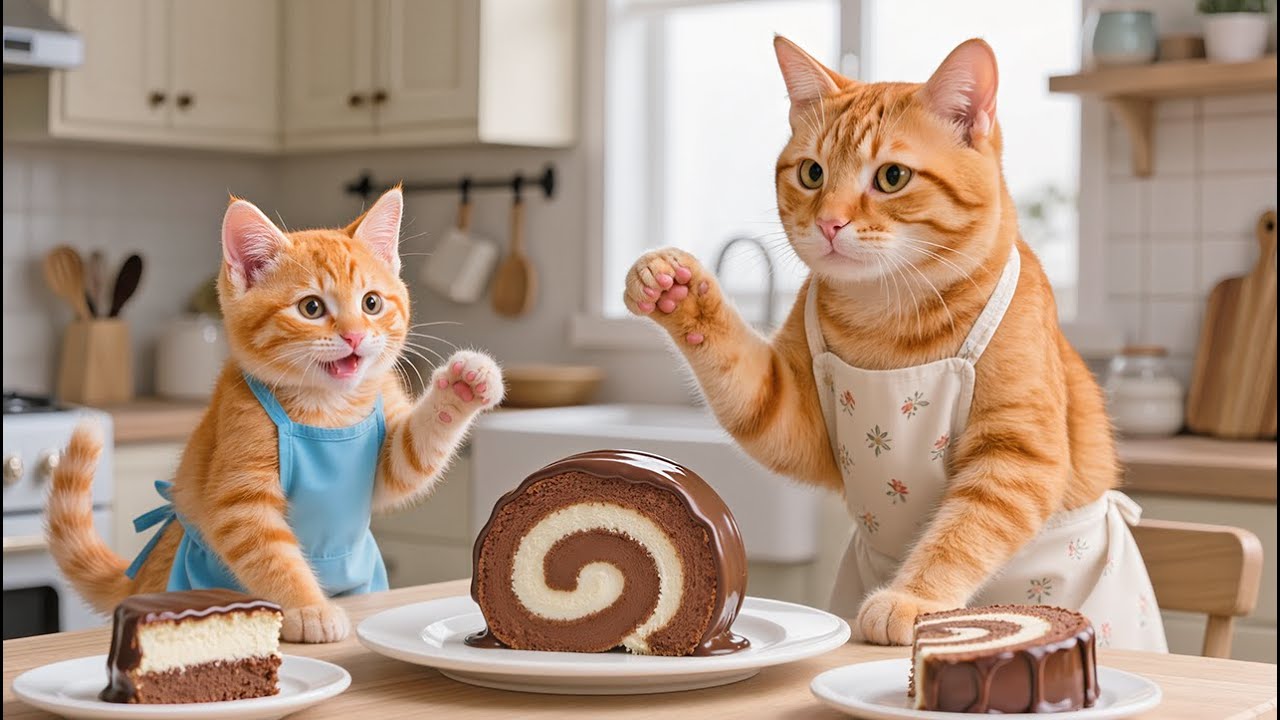 Mama Cat Bakes Sweet Cakes at Home to Treat Her Kitten to a Warm and Loving Meal 🍰❤️