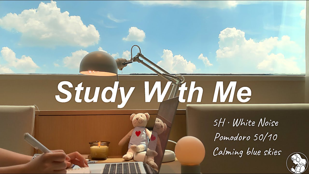 🌤️5-HOUR STUDY WITH ME | Pomodoro 50/10 | White Noise | Calming blue skies | Bell Timer