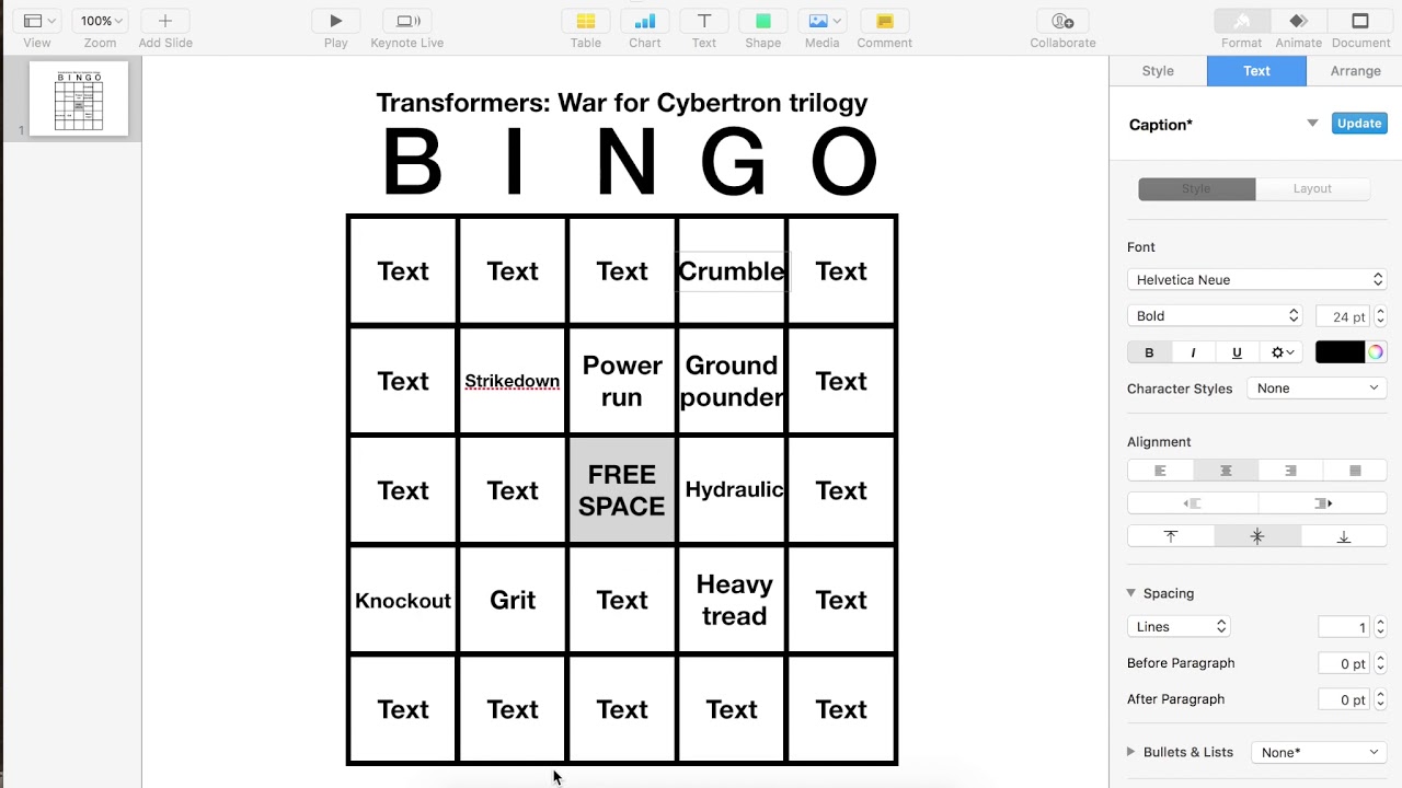 BINGO for Transformers: War for Cybertron 4/8/2020