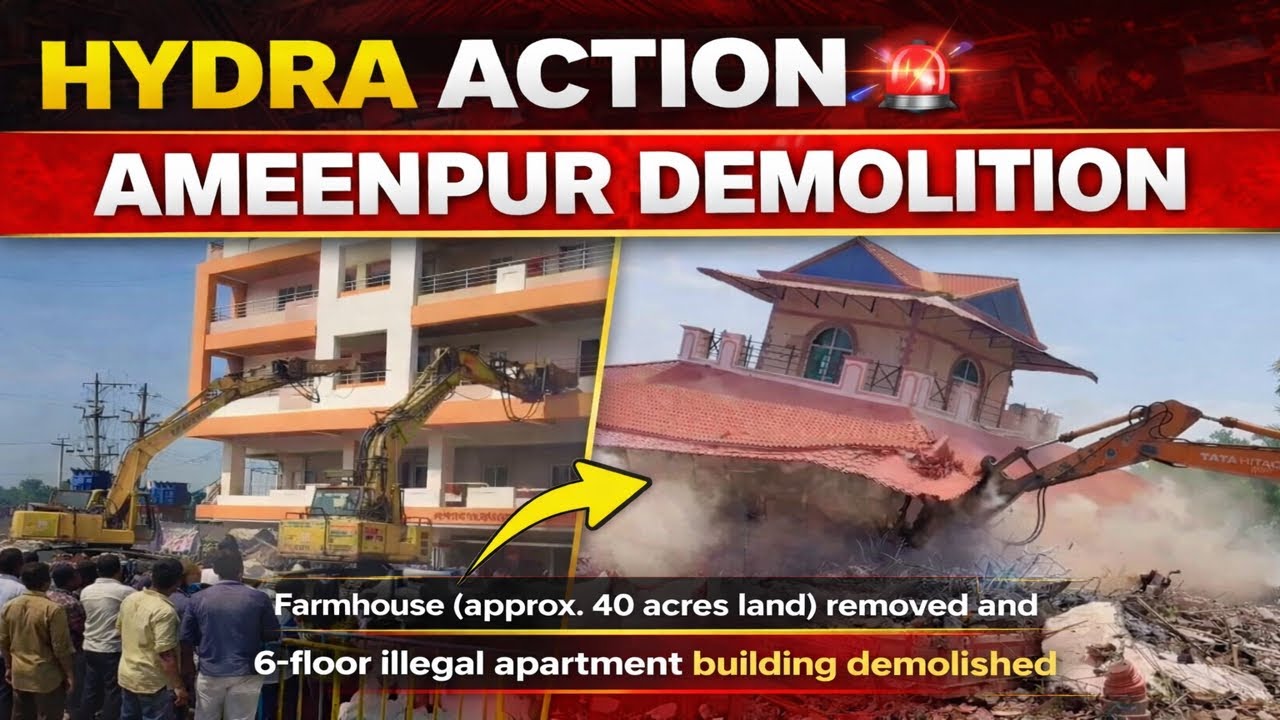 HYDRA Demolition in Ameenpur 🚨 | Illegal Farmhouse & Flats Removed | #vasavirealty #hydraa 