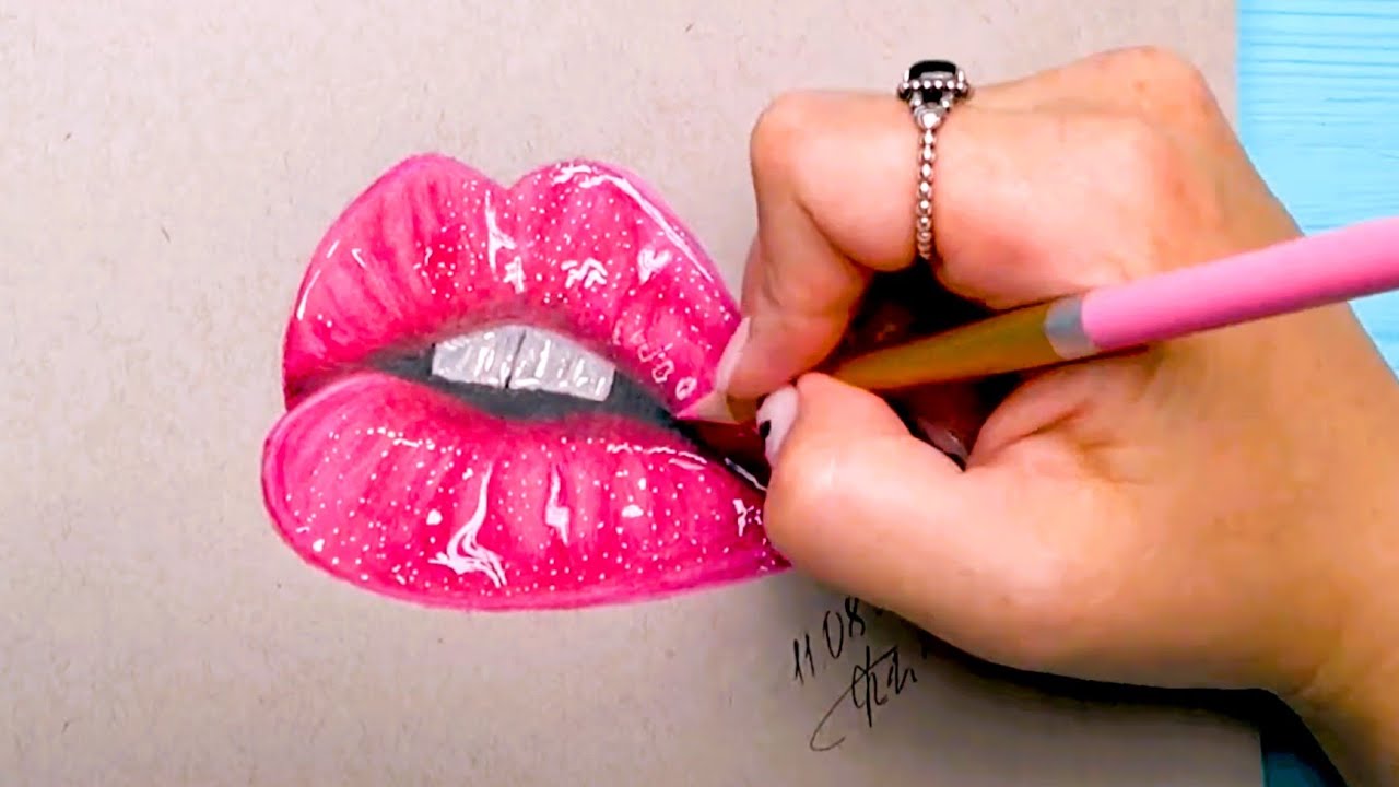 how to draw glossy lips with colored pencils - realistic lips drawing