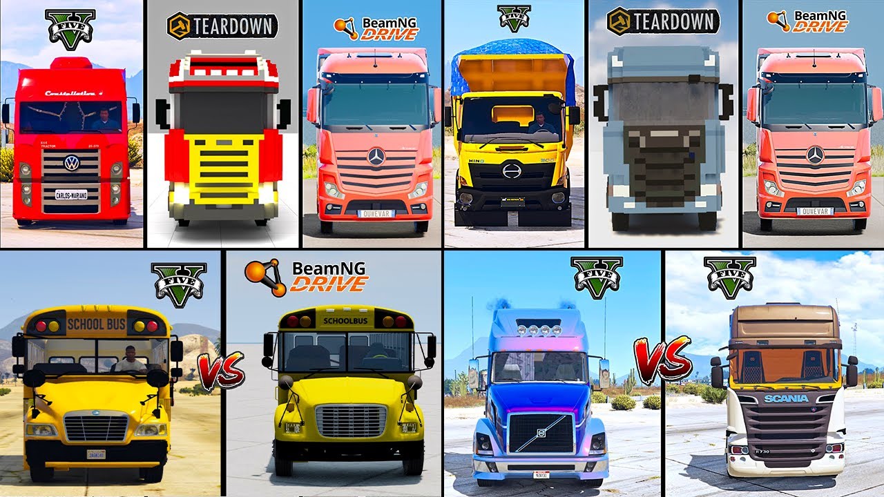 SCANIA TRUCK VS VOLKSWAGEN TRUCK  VS SCHOOL BUS IN TEARDOWN VS BEAMNG -WHICH IS BEST ?