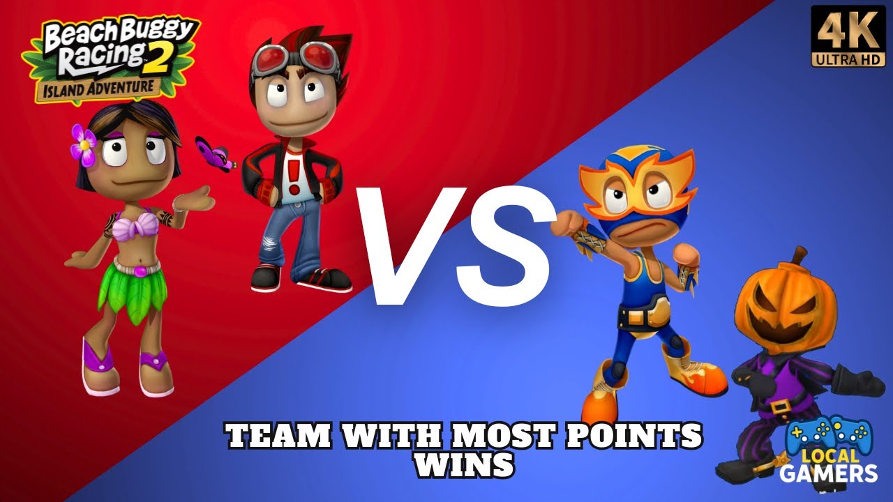 The 2v2 Returns | Rez & Leilani v El Zipo & Mr. Happy - 4 Players Split Screen Beach Buggy Racing 2