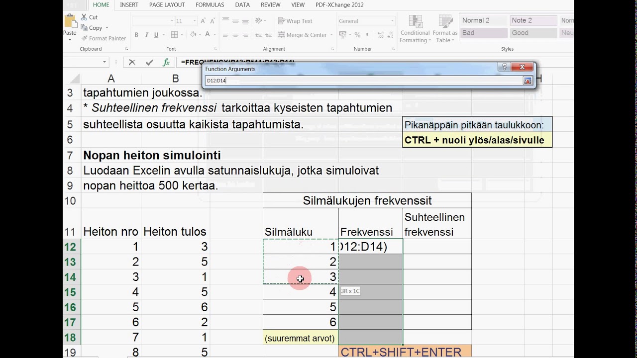 Frekvenssitaulukon laatiminen Excelillä