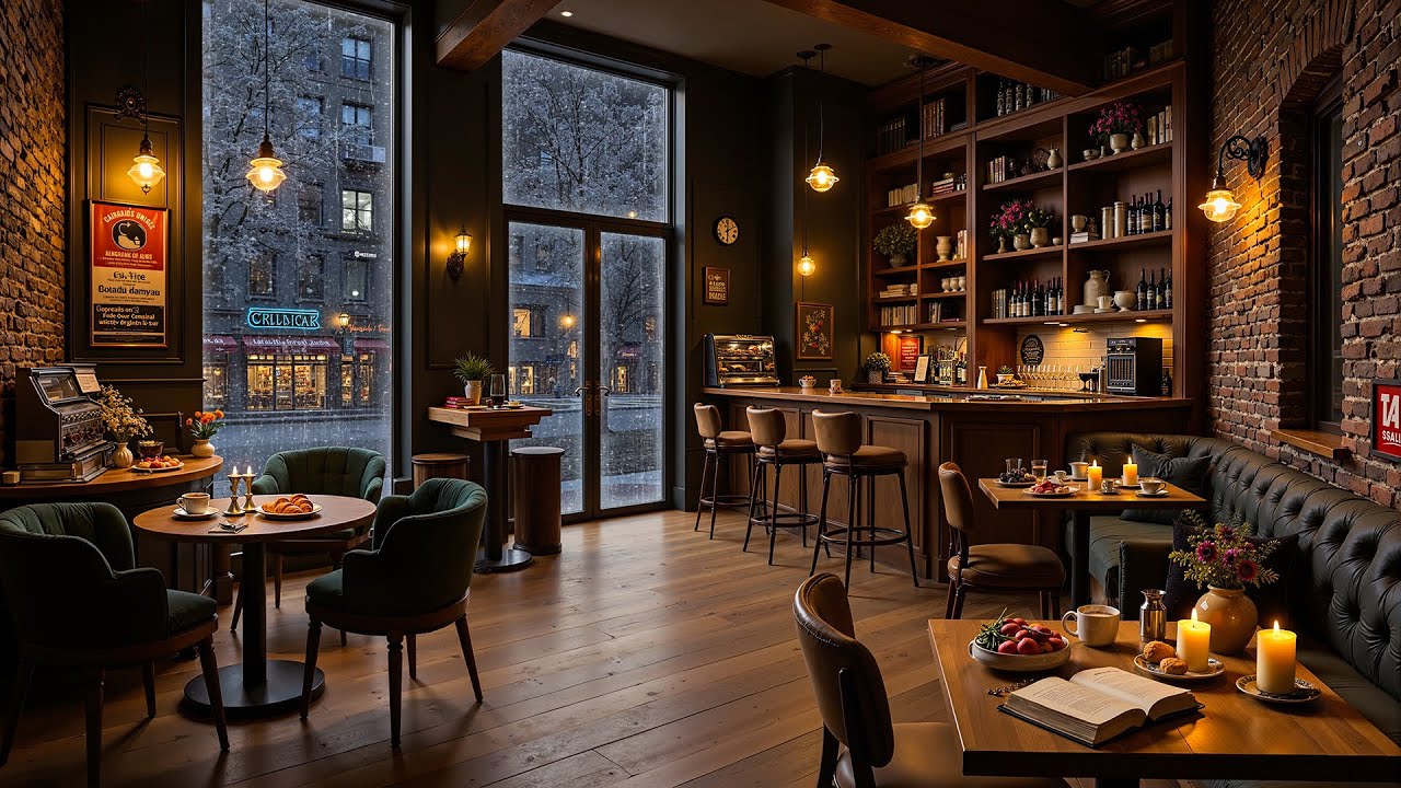 Cozy Coffee Shop Ambience 🌧️ Relaxing Jazz Background Music with Gentle Rain Sounds for Calm Work