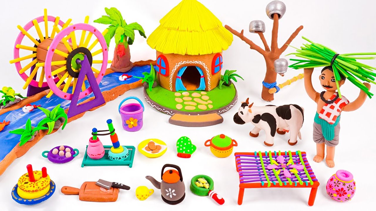 ❤️❤️ DIY WONDERFUL Miniature Clay House with River, Kitchen Set, Charpai, Cow, Tree #74