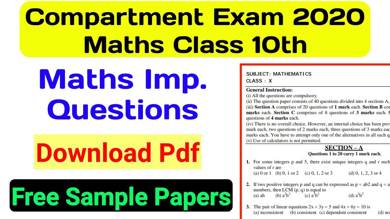 Important Questions For Class 10 Maths - CBSE COMPARTMENT EXAM 2020