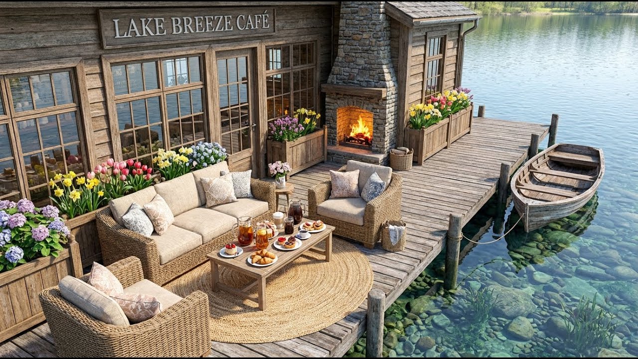 Peaceful Spring Coffee Shop Garden Morning with Smooth Jazz Piano for Study and Focus