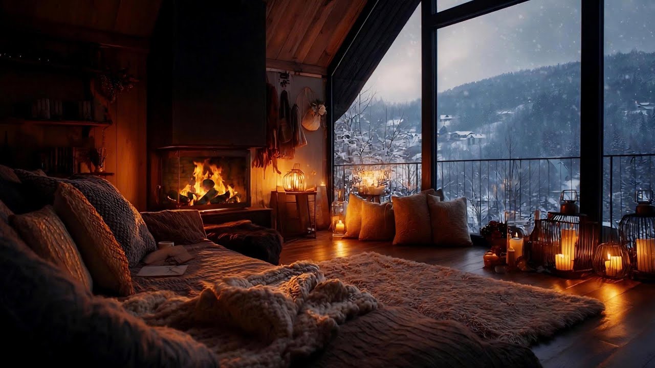 Warm Fireplace • Whistling Winter Wind • Fast Snowfall Outside | Deep Calm Night Ambience