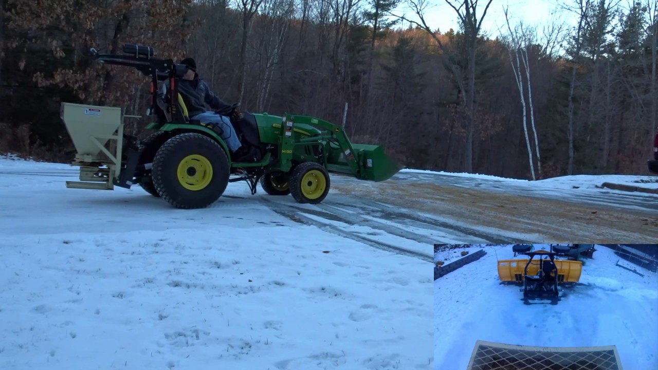 John Deere 2032R Spreading Sand on Driveway with Herd Spreader/Sander